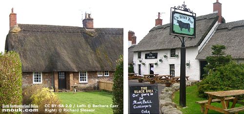A thatched cottage and the Black Bull pub, in Etal, Northumberland