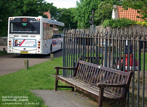 The 477 bus service in the market place on Holy Island